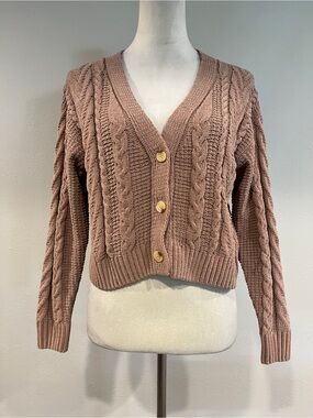 Pink Rose Cable Knit Button-Front cropped Cardigan Sweater - Dusty Rose color